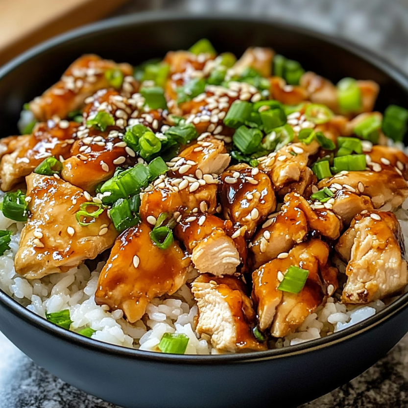 Une assiette de riz avec des morceaux de poulet teriyaki.