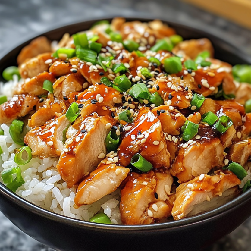 Un bol de riz avec des légumes verts et des morceaux de poulet teriyaki.