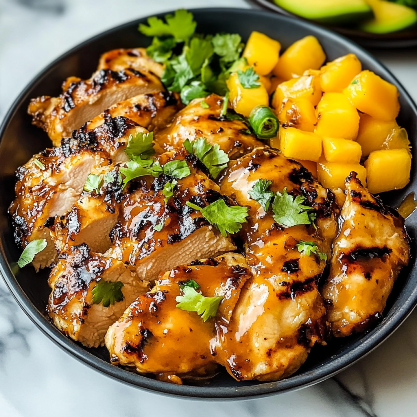 Une assiette de poulet grillé avec des mangos et des herbes.
