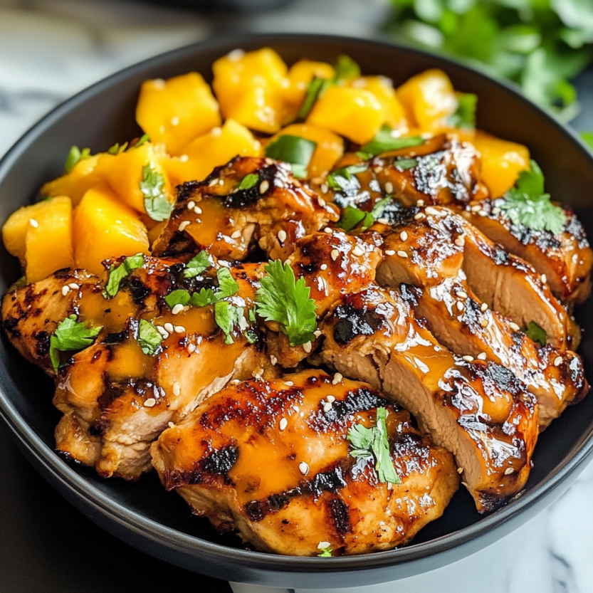 Une assiette de poulet grillé avec des mangos et des herbes.