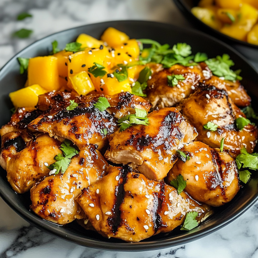 Une assiette de grilled mango chicken avec des légumes verts.