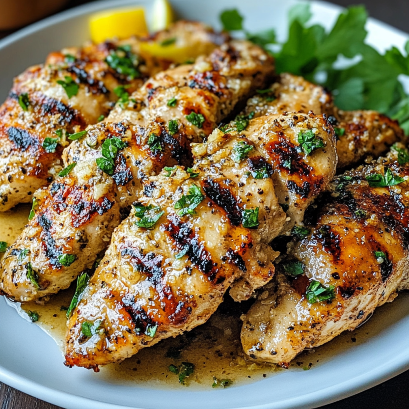Une image de poulet grillé avec des herbes et des légumes.