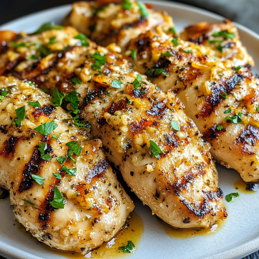 Des morceaux de poulet grillé avec des herbes et du parmesan.
