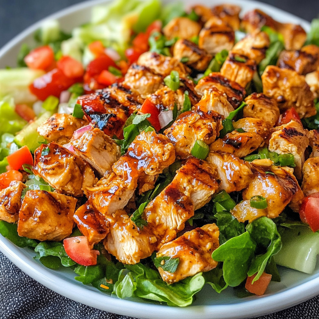 Une salade de poulet grillé avec des légumes verts et des tomates.