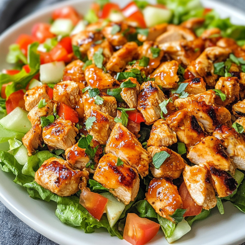 Une salade de poulet grillé avec des légumes, tomates, cucumbers, et des herbes.