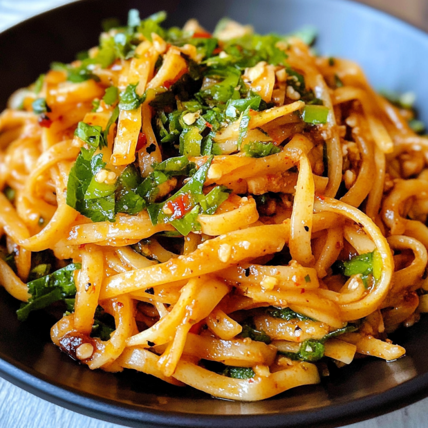 Une assiette de noodles chili garlic.