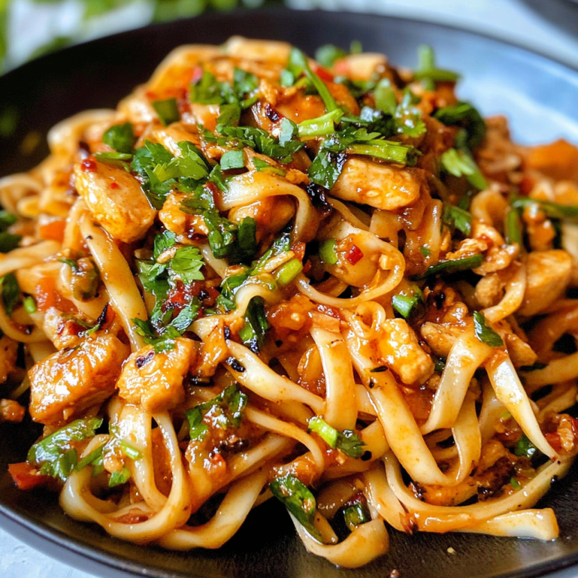 Une assiette de noodles chili garlic.