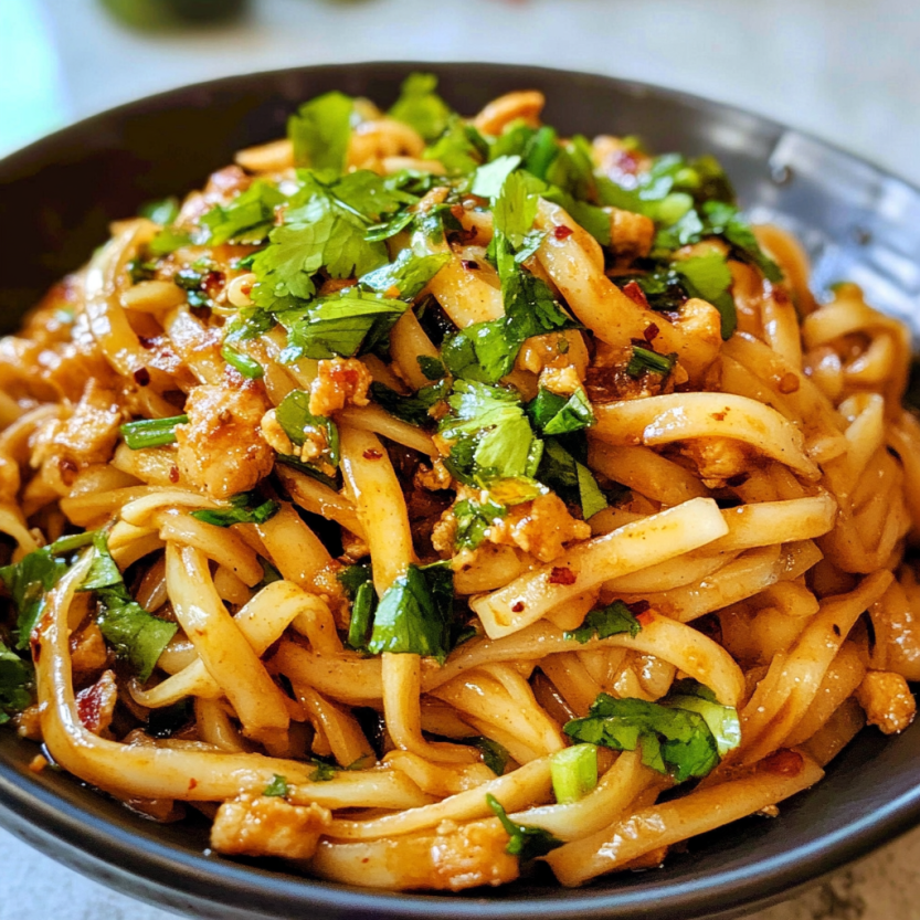 Une assiette de noodles chili garlic.