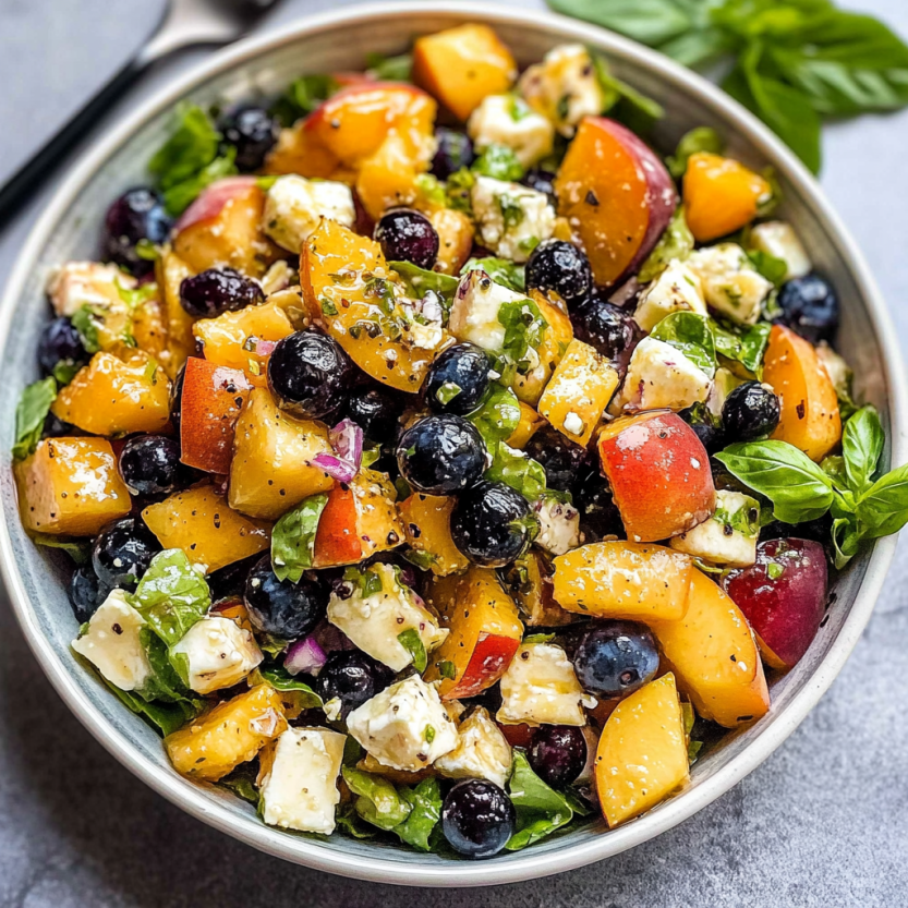 Une salade de fruits composée de cerises, de feta et de menthe.
