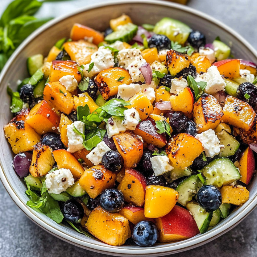 Une salade de fruits composée de poivrons, de pommes, de cucumbers, de blueberries et de feta.