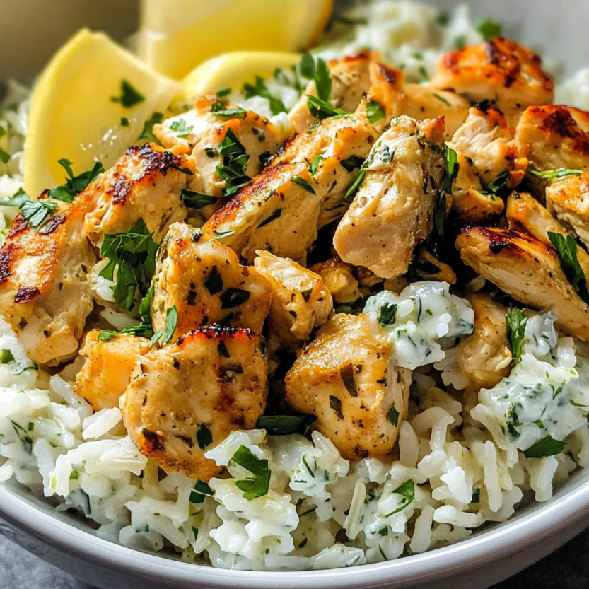 Une assiette de riz avec des morceaux de poulet grillé et des légumes verts.