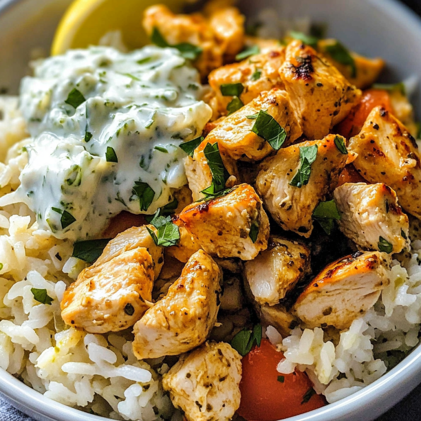 Une assiette de riz avec des chicken tzatziki et des légumes verts.