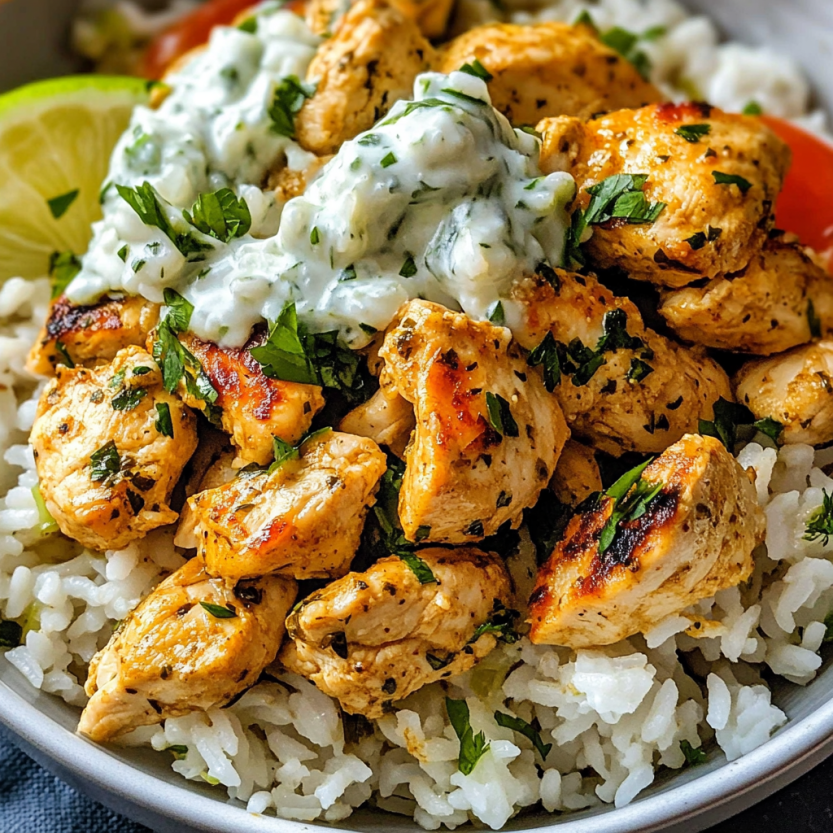 Une assiette de riz avec des poulet grillé et une sauce de tzatziki.