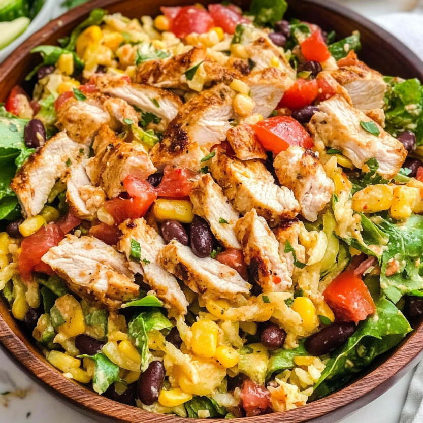 Une salade de légumes et de poulet grillé, avec des tomates, des avocats, des haricots verts et des épinards.