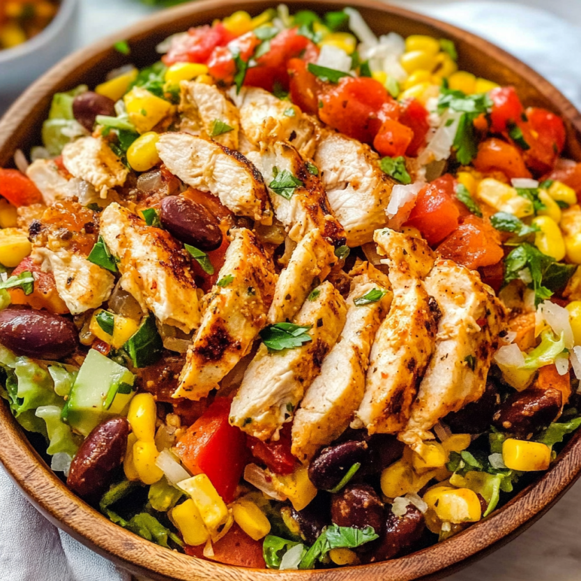 Une salade de poulet et de légumes, avec des tomates, des avocats, des poivrons, des haricots verts, des cornichons et des épinards.