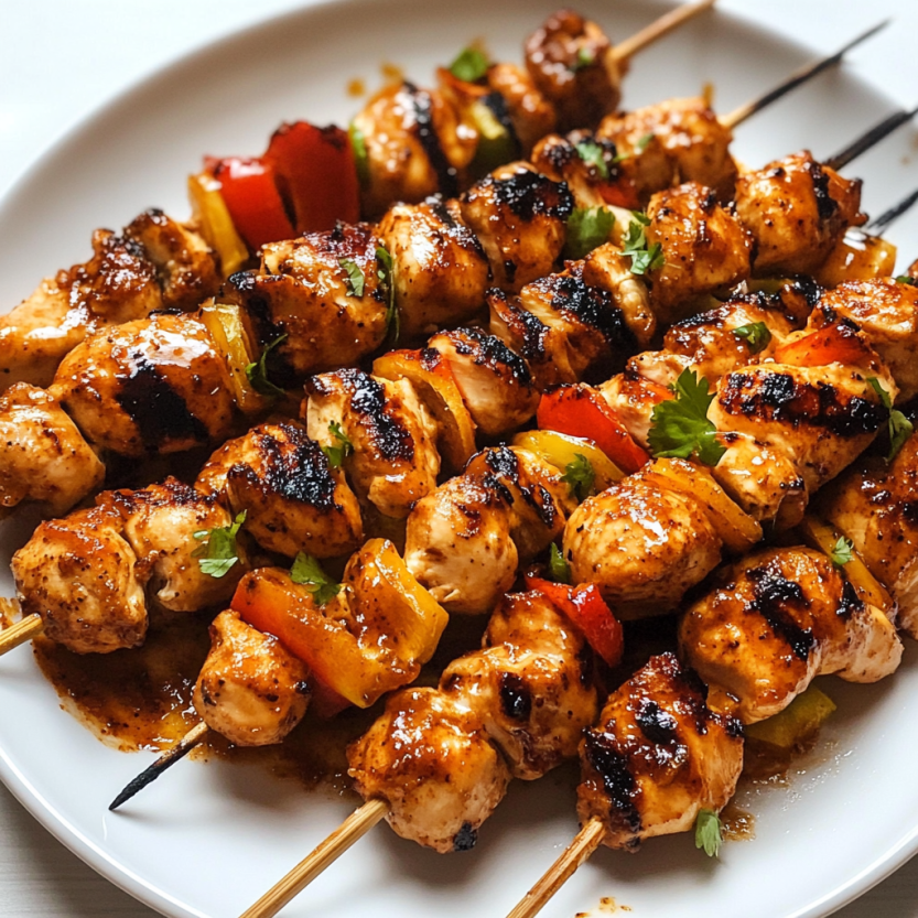 Des brochettes de poulet grillé avec une sauce de miel et de chipotle.