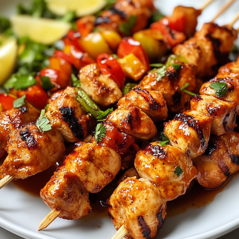 Des brochettes de poulet grillé avec des légumes et une sauce de miel et de chipotle.