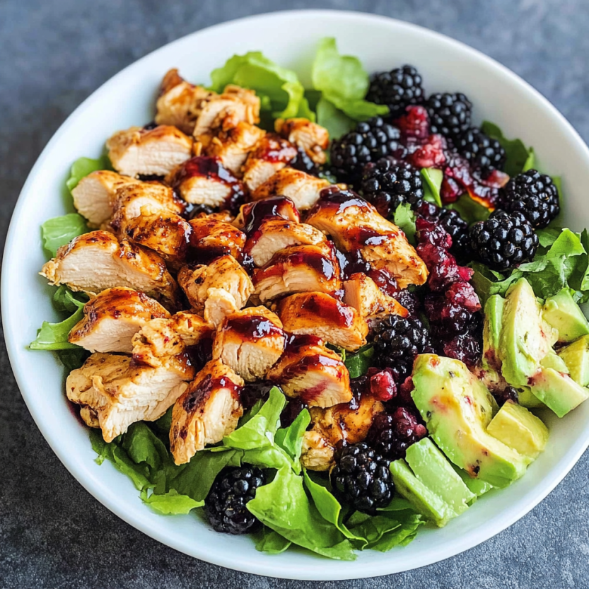 Une salade de poulet avec des baies de mûre et des avocats.