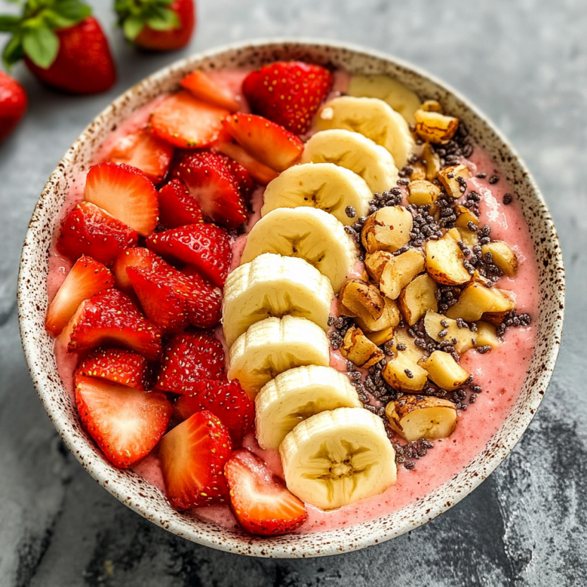 Un bol de smoothie contenant des fraises, des bananas et des noix.