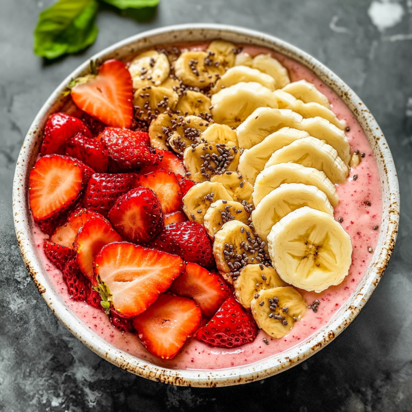 Un bol de smoothie contenant des fraises, des bananas et des strawberries.