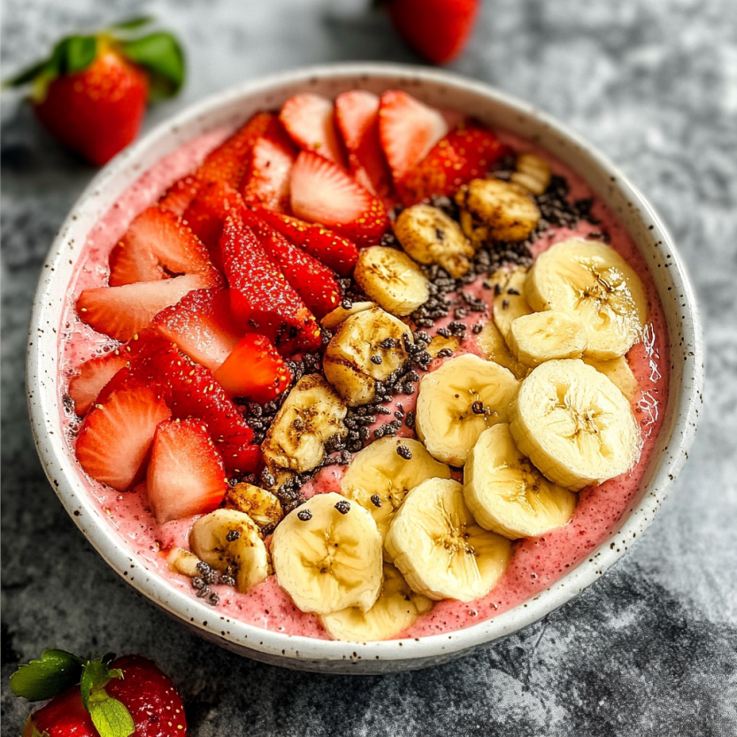 Un bol de smoothie contenant des fraises, des bananas et des strawberries.