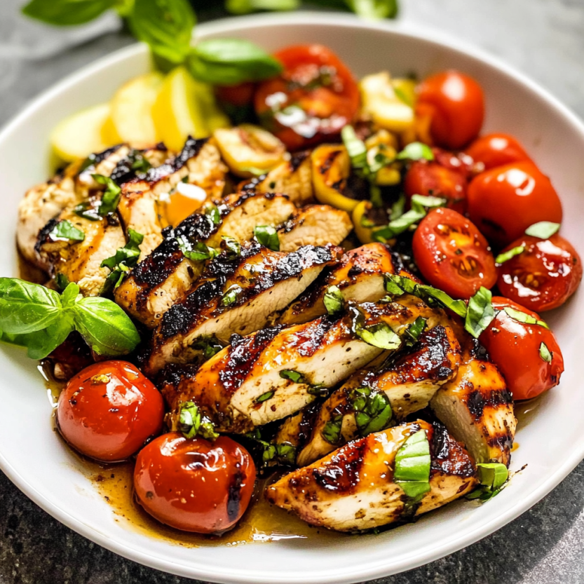 Une assiette de poulet grillé avec des tomates cerises et des herbes.