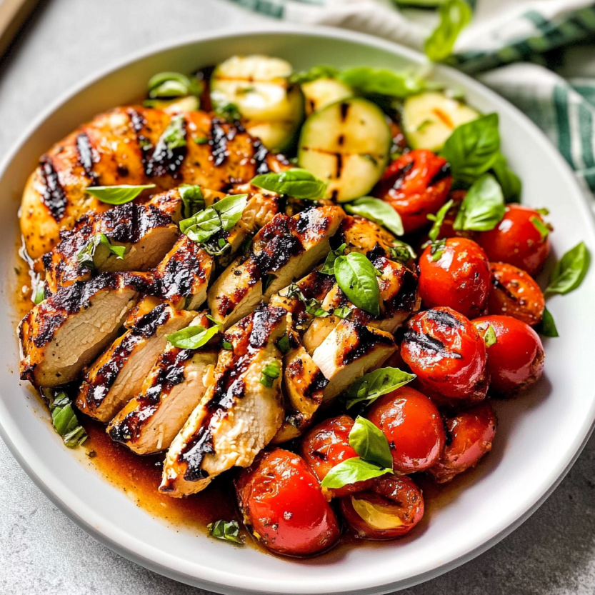 Une assiette de grilled chicken caprese avec des légumes.