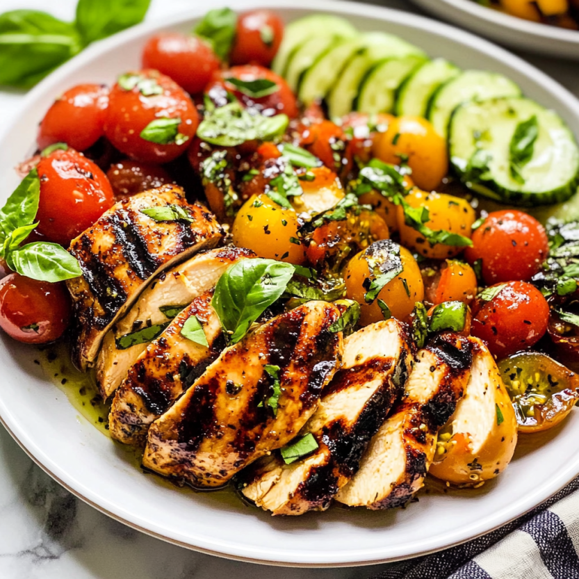 Une assiette de grilled chicken caprese avec des légumes grillés.