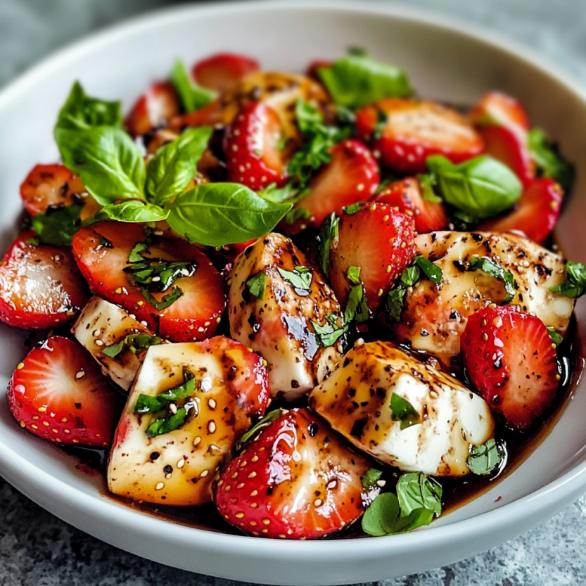 Une salade de fraises et de basilic avec une sauce balsamique.