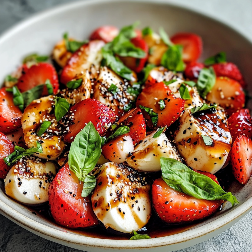 Une salade de fraises et de basilic avec une sauce balsamique.