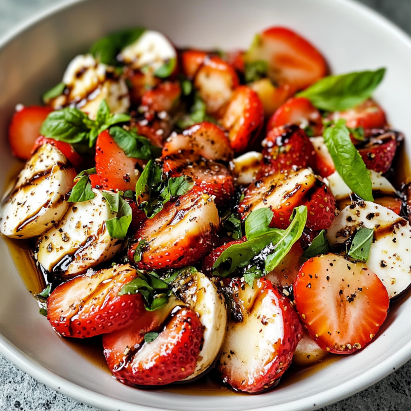 Une salade de fraises et de mozzarella, sauce balsamique, avec des feuilles de basilic.