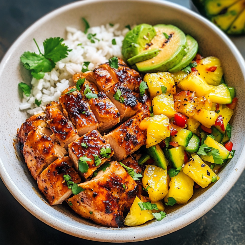 Une assiette de nourriture contenant des légumes et des viandes grillées, avec une touche de pineapple.