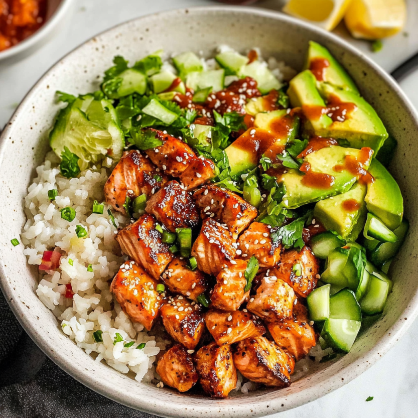 Un plat de poisson grillé avec des légumes et du sauce de miel et de sriracha.