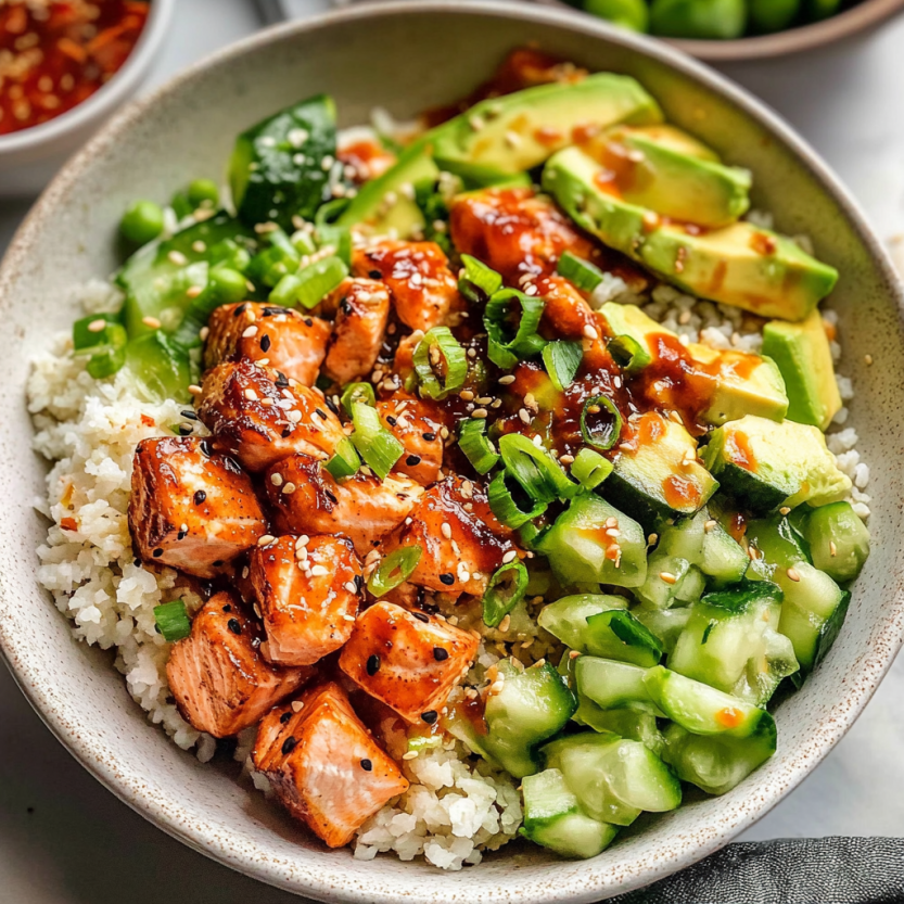 Une assiette de poisson grillé avec des légumes verts et des sauces.