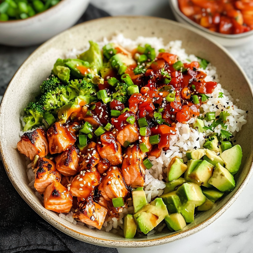 Un plat de poisson grillé avec des légumes et du sauce de miel et de sriracha.