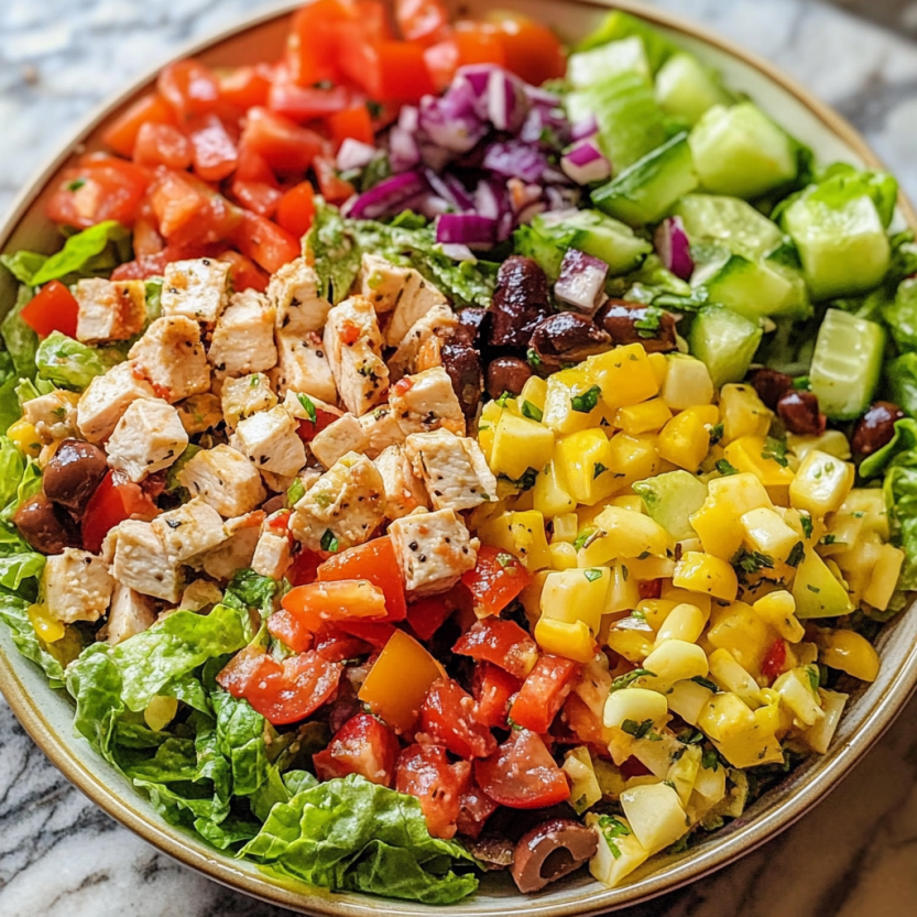 Une salade italienne composée de tomates, de concombre, de cucumber, de chicken et de pommes de terre.