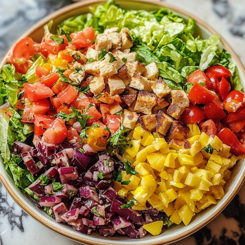 Une salade italienne composée de tomates, de concombre, de poulet, de laitue et de pommes de terre.