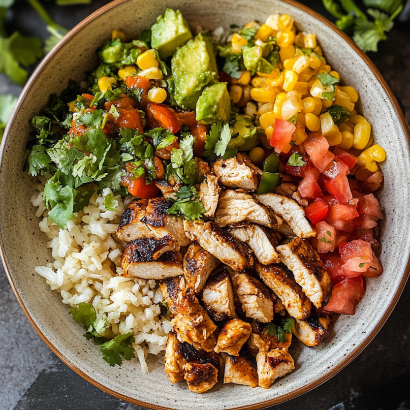 Un plat de burrito bowls contenant des légumes et des chicken.