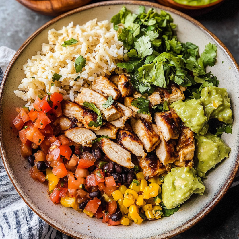 Un plat de burrito chicken avec des légumes verts et des tomates.