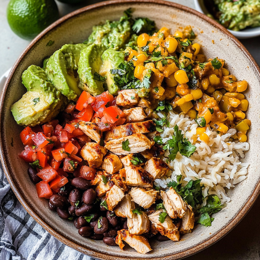 Un plat de burrito bowls contenant des chips de poulet, des légumes et des graines de riz.