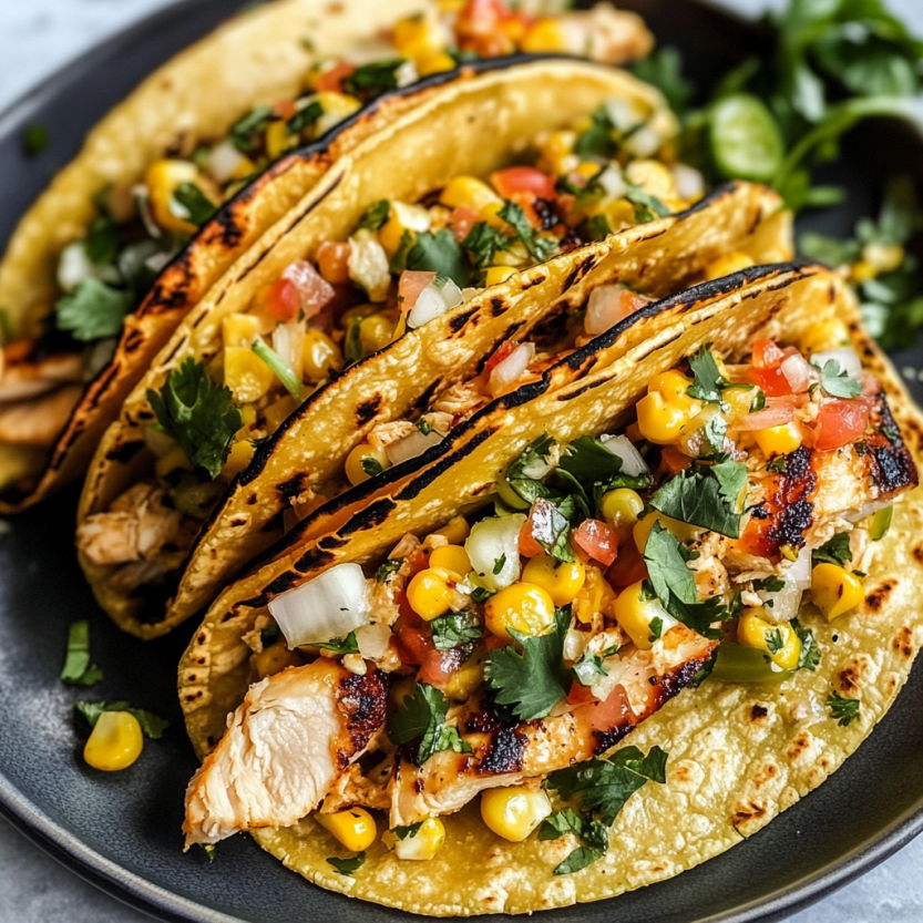 Des tacos de poulet grillé avec des légumes verts et des tomates.