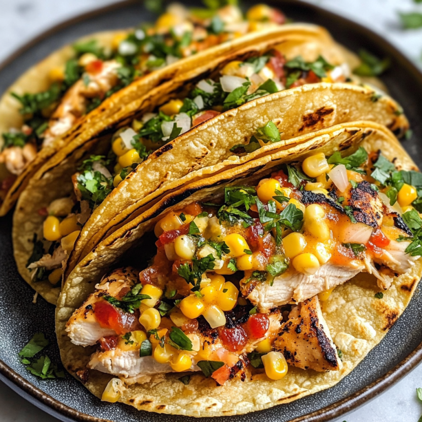 Des tacos de poulet grillé avec des légumes verts et des cornichons.