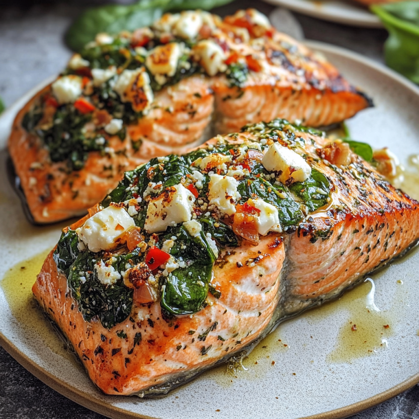 Salmon farci avec des épinards et du fromage feta.