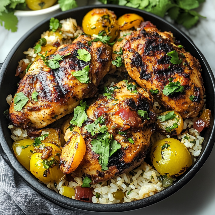 Une assiette de riz et de poulet grillé avec des herbes et des légumes.