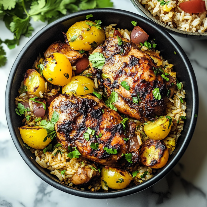 Une assiette de riz et de poulet jerk caribéen.