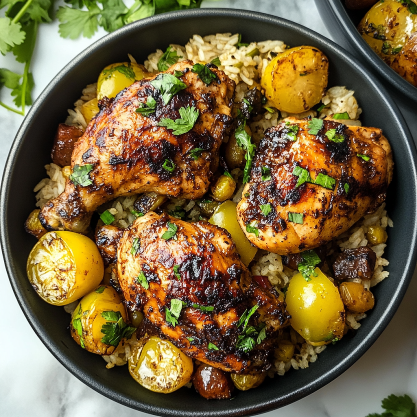 Une assiette de poulet et de riz caribéen.