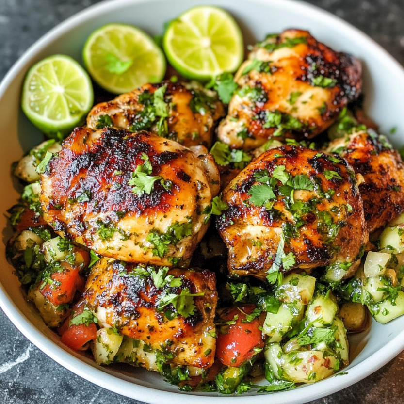 Une assiette de poulet grillé avec des légumes verts.
