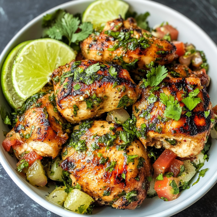Une assiette de poulet grillé avec des herbes et des citrons verts.