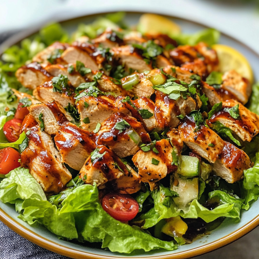 Une salade de poulet grillé avec des légumes.