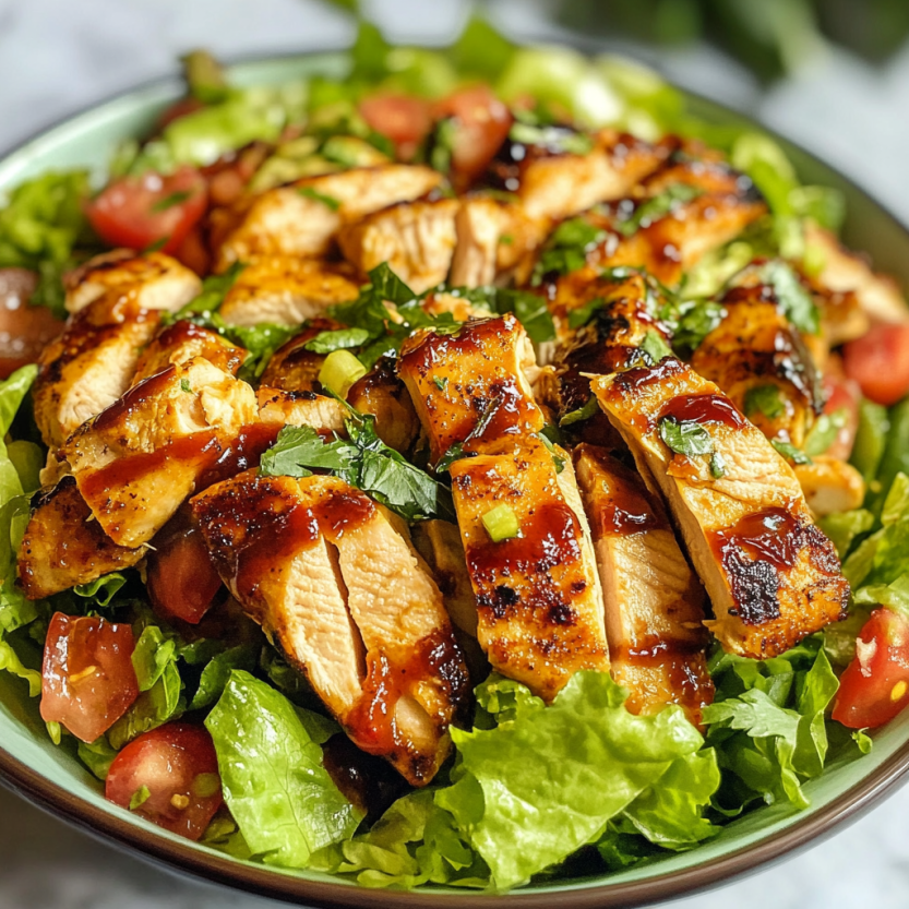 Une salade de poulet grillé avec des légumes verts.